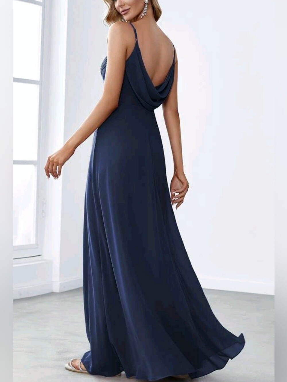 New Flowy Chiffon Drape Back Wrap Maxi Dress Gown Navy Blue